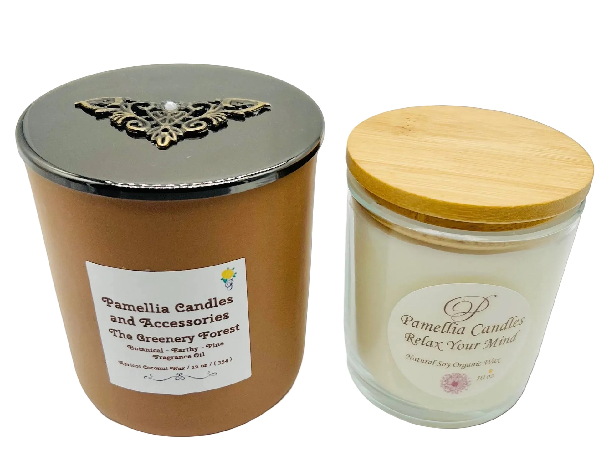 Two candles with decorative lids on a white background, one in brown with a silver lid and the other in glass with a wooden lid.