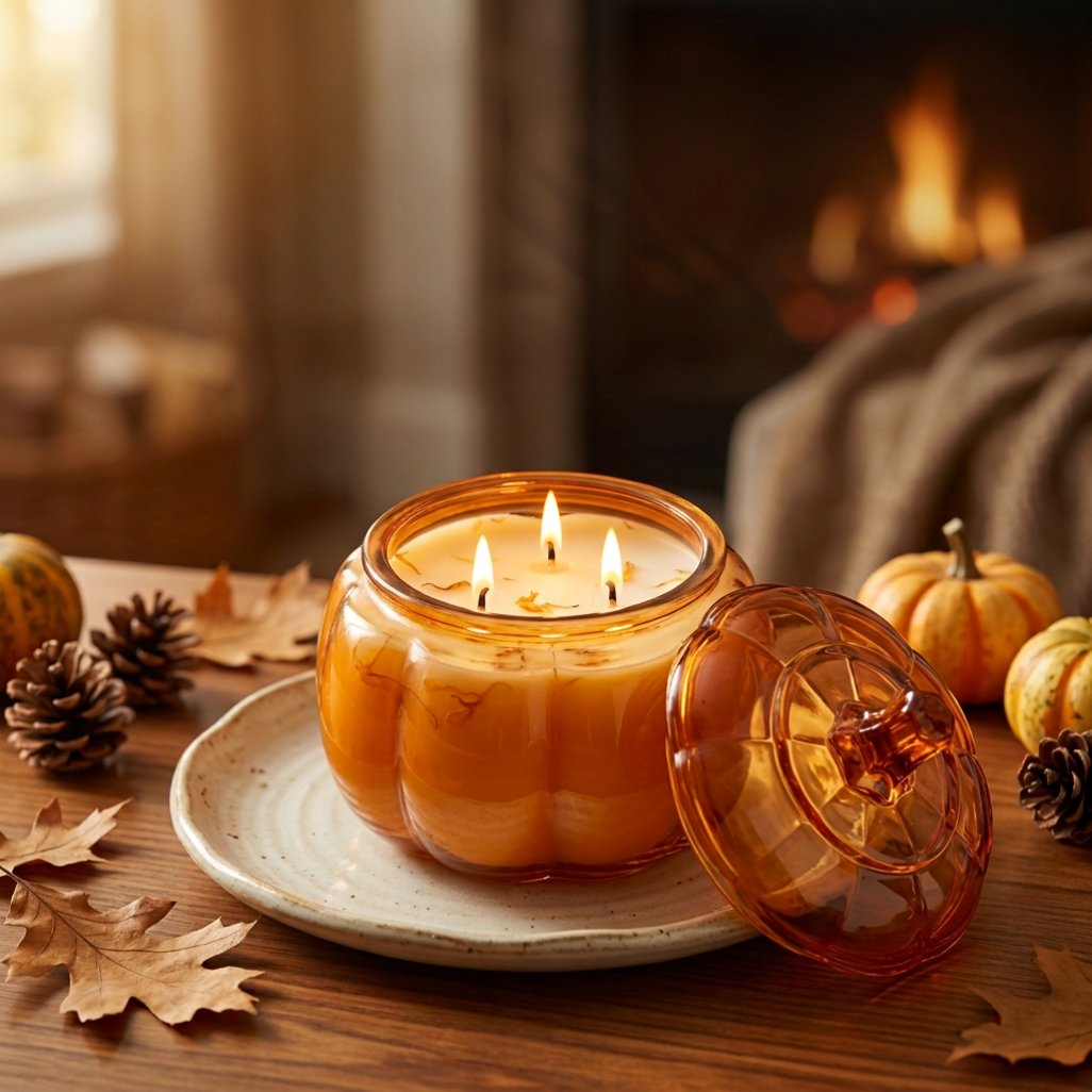 Lit pumpkin candle without lettering